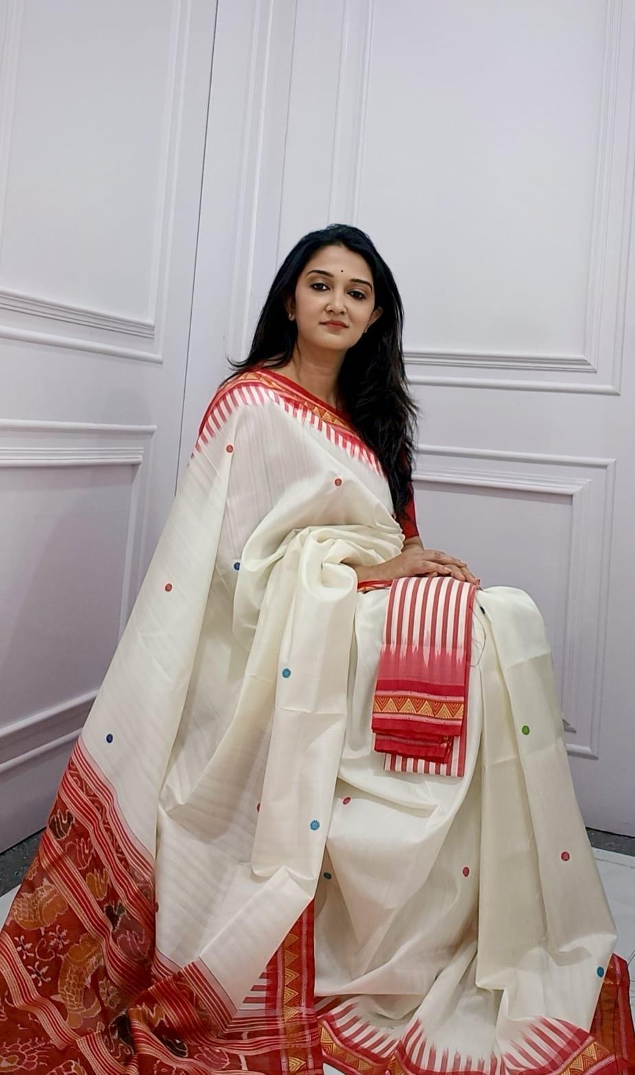 White and Red Polka Woven Saree – Jayanti Sarees