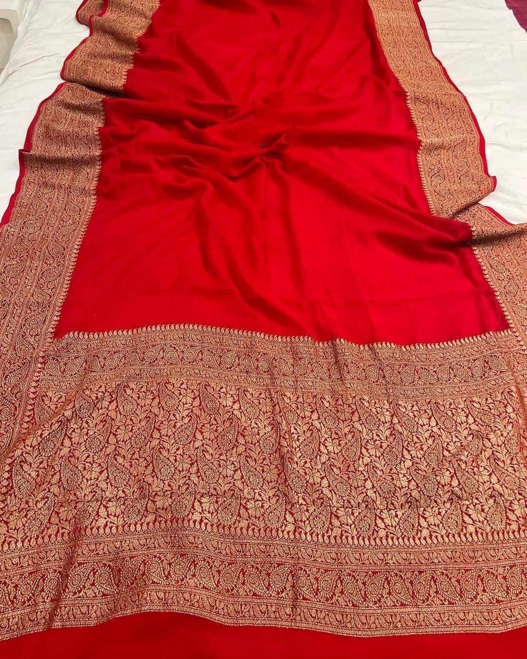 Royal Red Banarasi Khadi Georgette Saree with Antique Zari Border