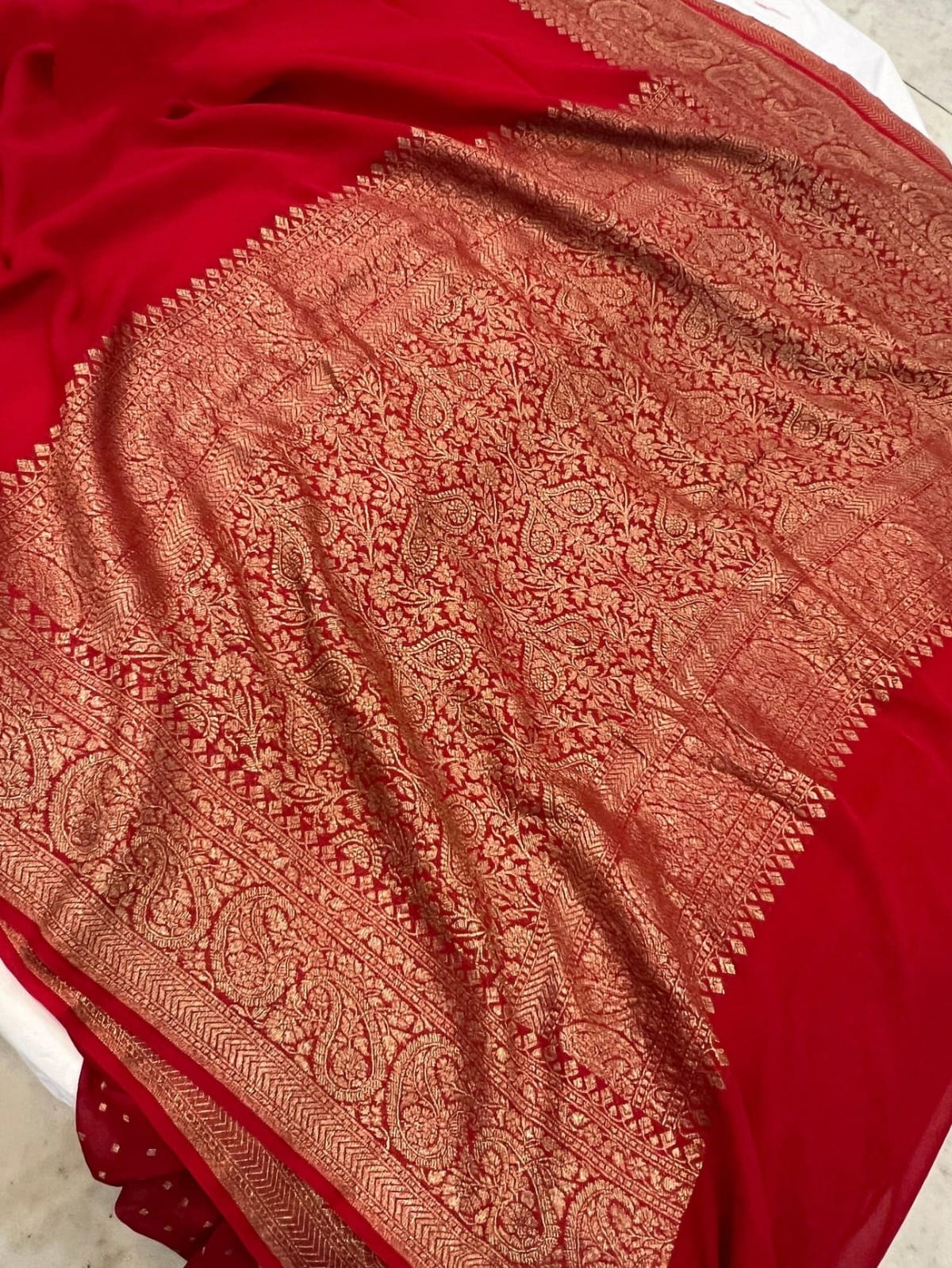 Royal Red Banarasi Khadi Georgette Saree with Antique Zari Border