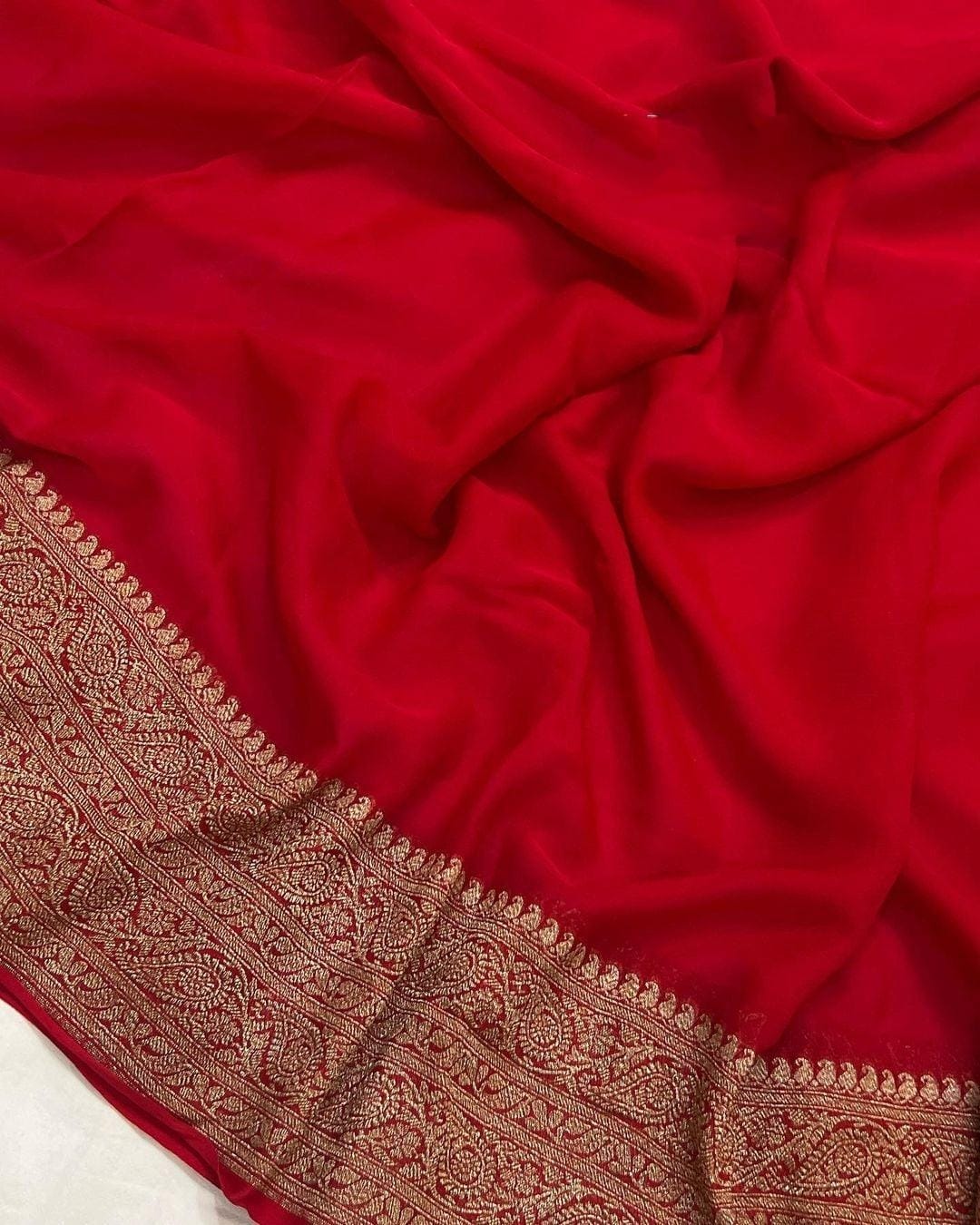 Royal Red Banarasi Khadi Georgette Saree with Antique Zari Border
