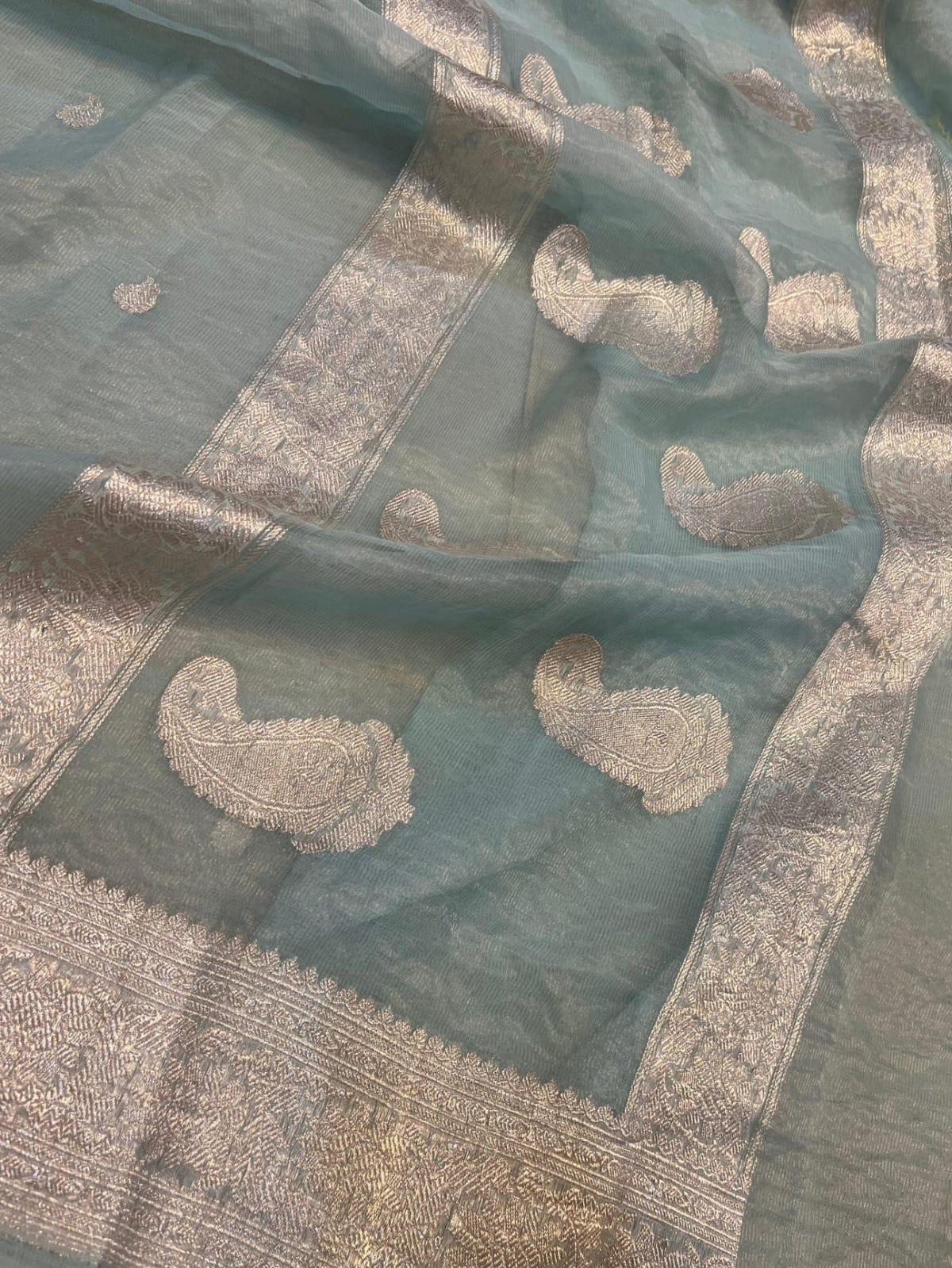 Beige Banarasi Khadi Tissue Chiffon Saree with Khadua Work (Handwoven)