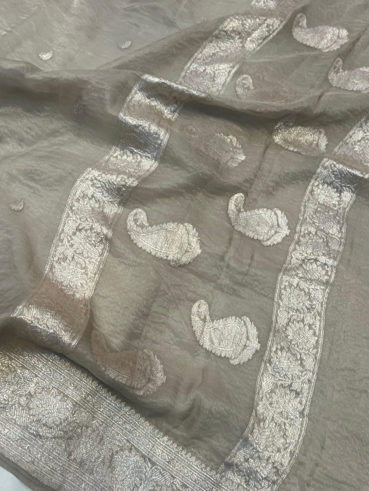 Beige Banarasi Khadi Tissue Chiffon Saree with Khadua Work (Handwoven)