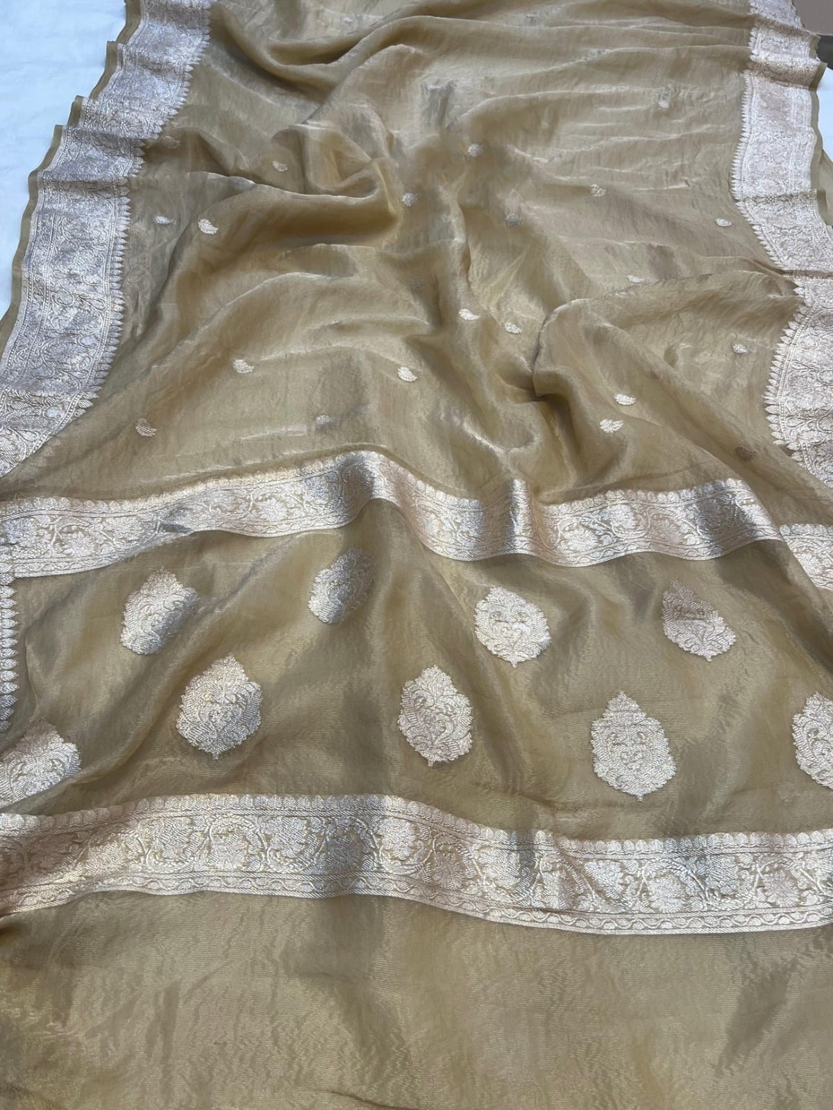 Beige Banarasi Khadi Tissue Chiffon Saree with Khadua Work (Handwoven)