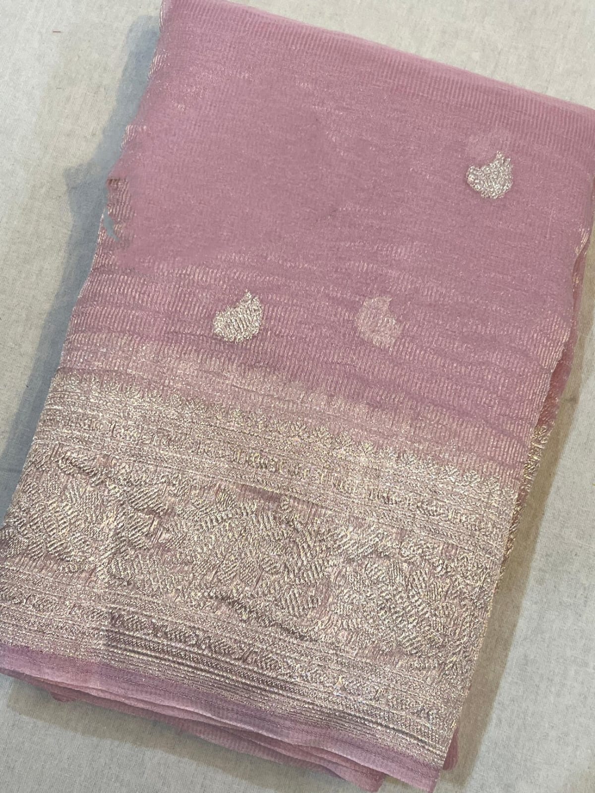 Beige Banarasi Khadi Tissue Chiffon Saree with Khadua Work (Handwoven)