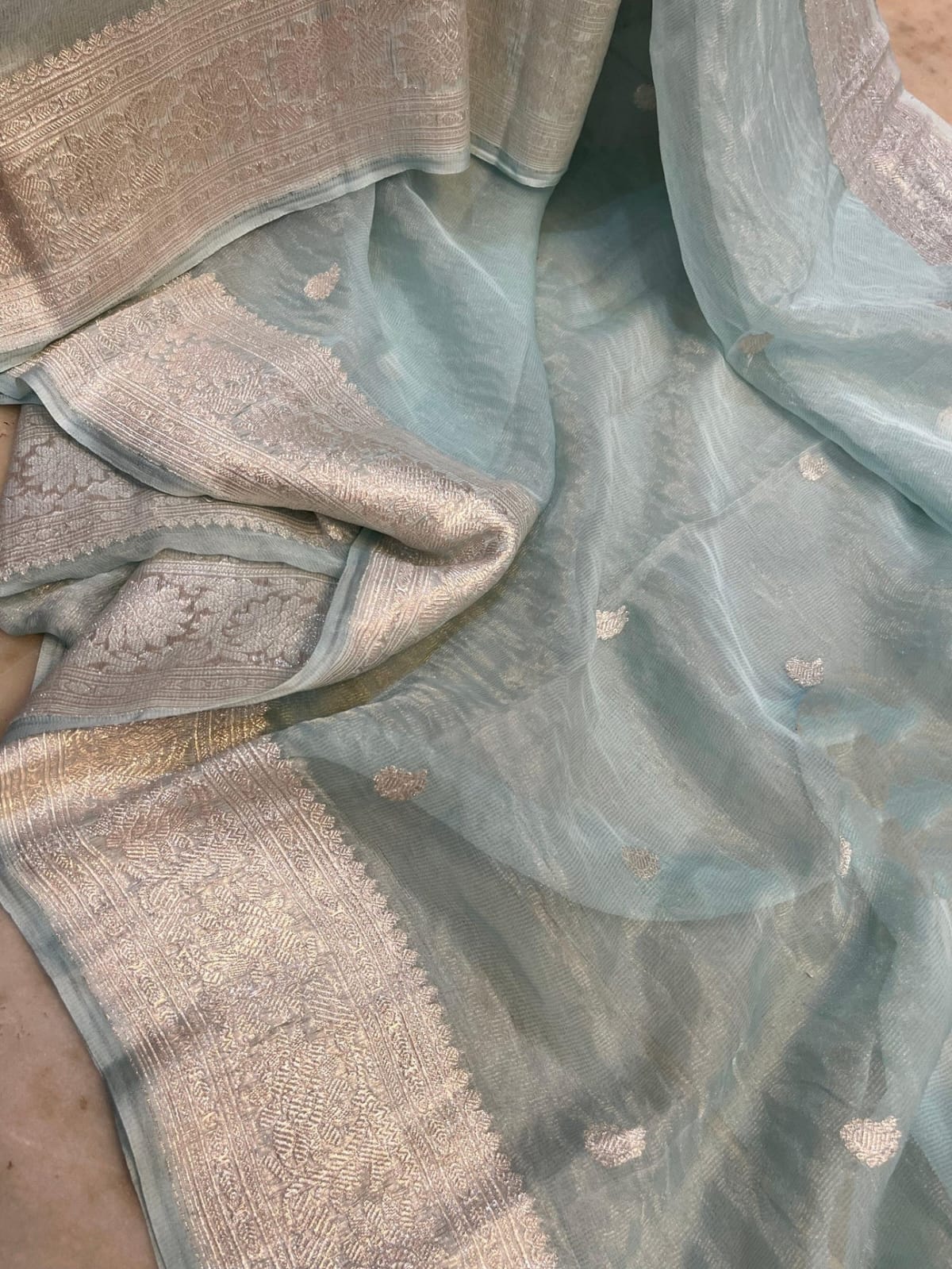 Beige Banarasi Khadi Tissue Chiffon Saree with Khadua Work (Handwoven)