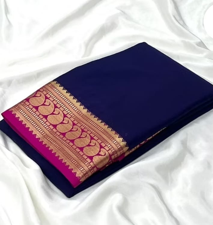 Navy Blue Saree with Pink & Golden Zari Border