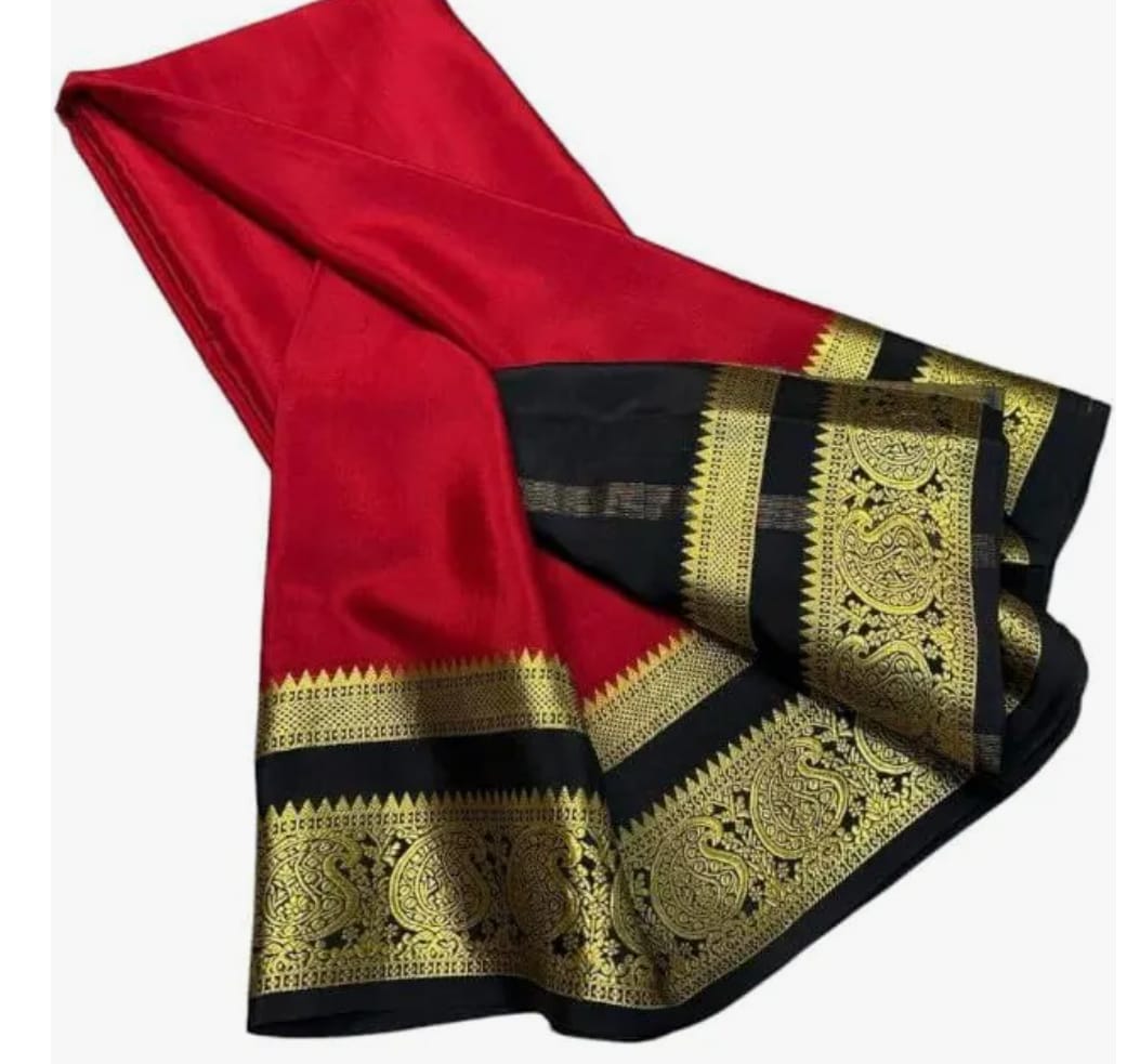 Red Saree with Black & Golden Zari Paisley Border