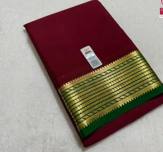 Maroon Saree with Green & Golden Zari Border