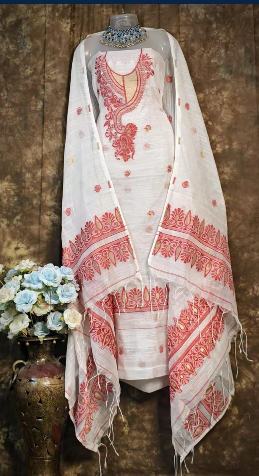 White & Red Embroidered Sleeveless Suit Set with Dupatta
