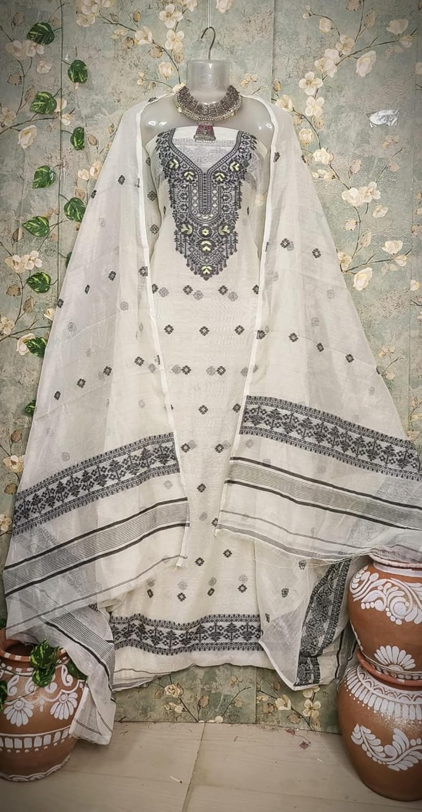 Off-White & Black Embroidered Sleeveless Kurta Set with Dupatta