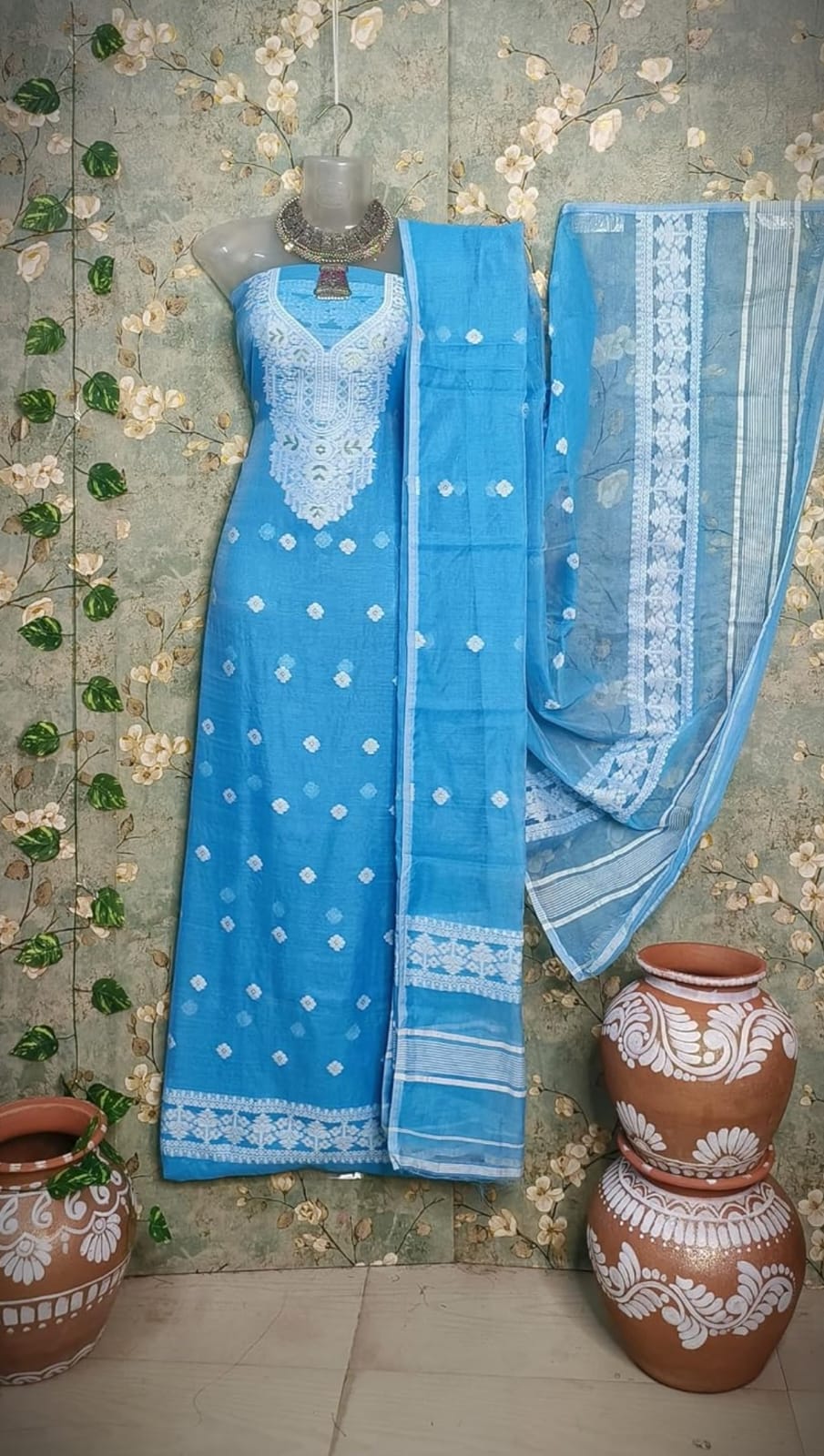 Blue & White Embroidered Sleeveless Kurta Set with Dupatta