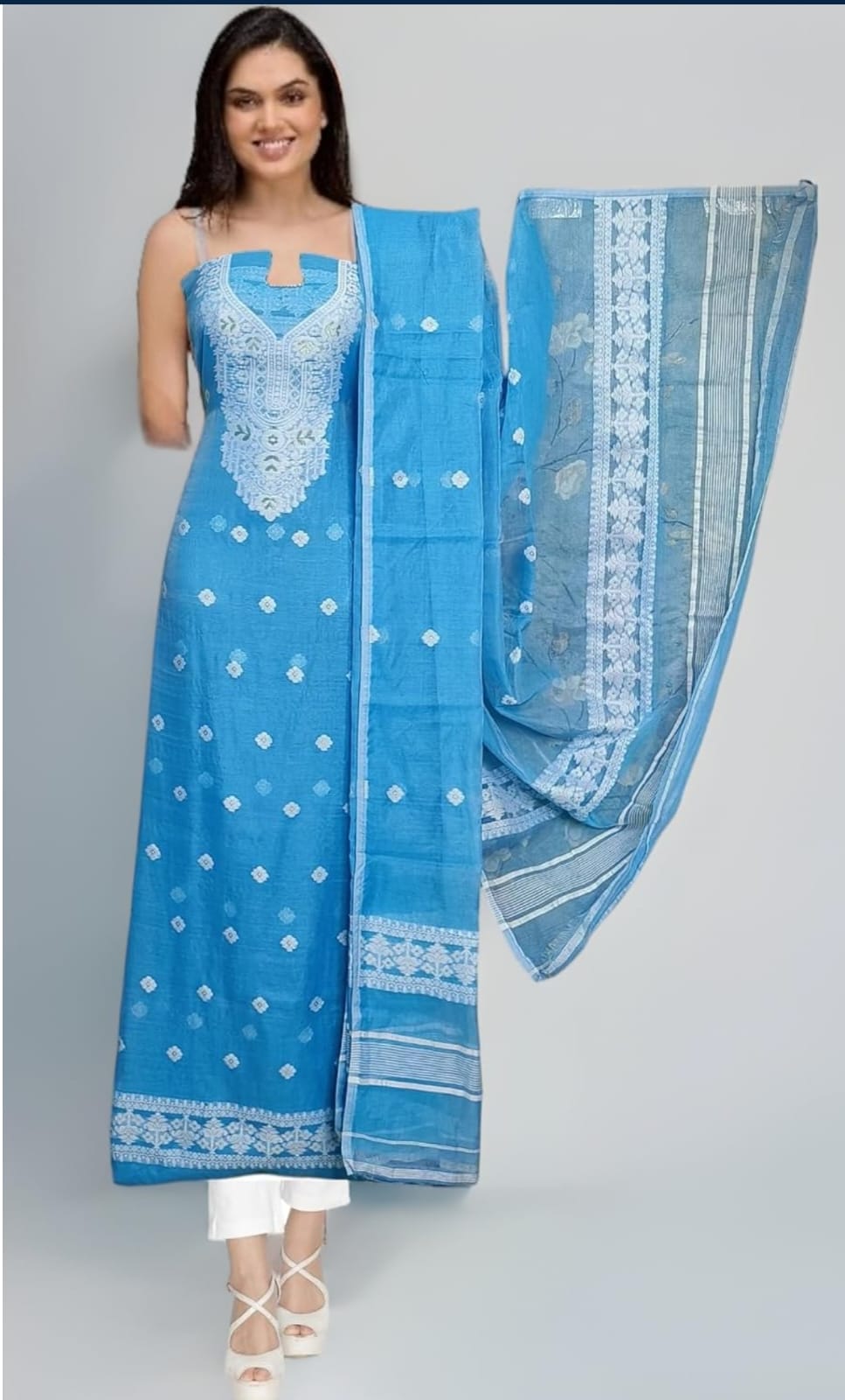 Blue & White Embroidered Sleeveless Kurta Set with Dupatta