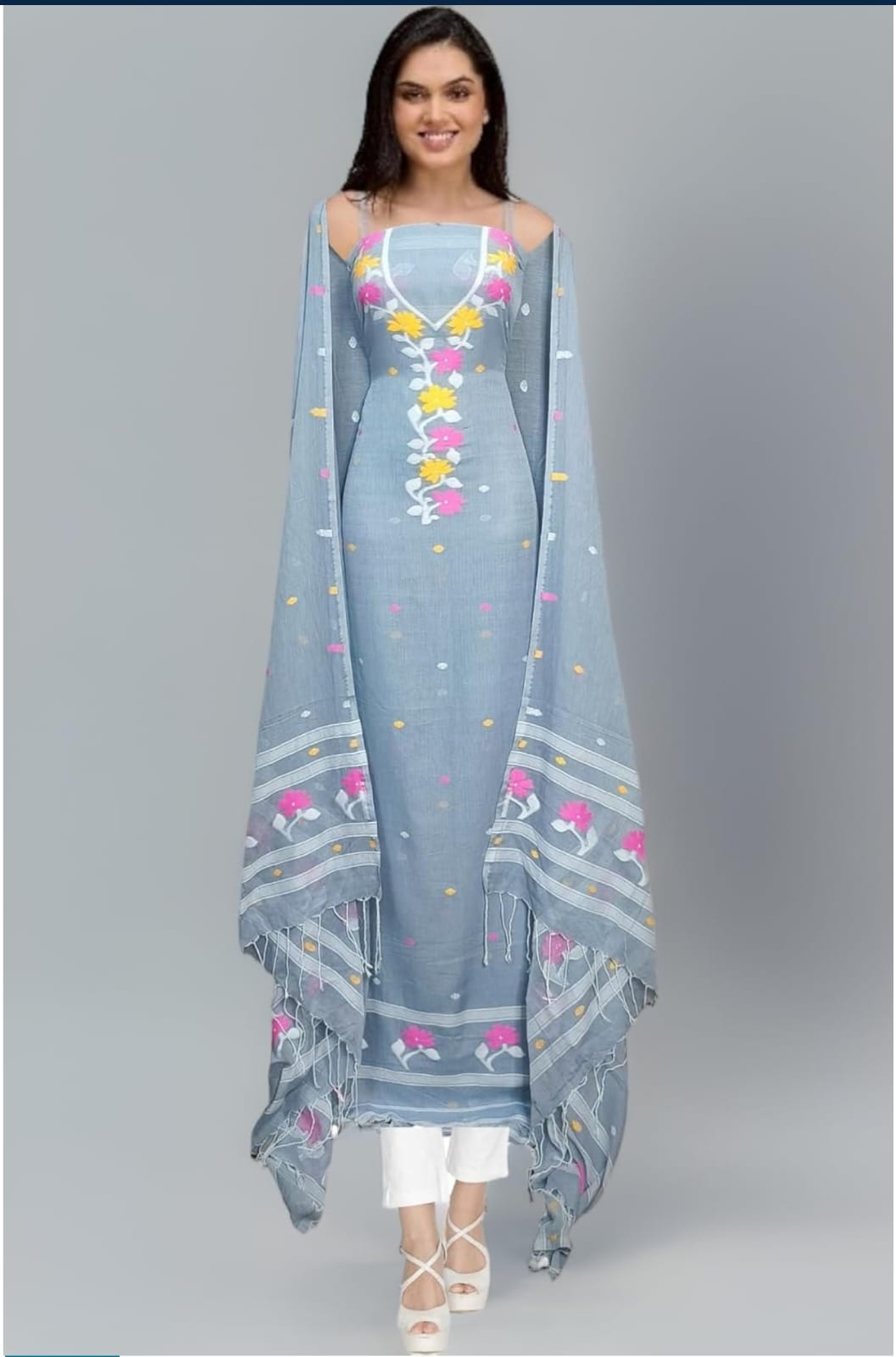 Light Blue Floral Embroidered Kurta Set with Dupatta