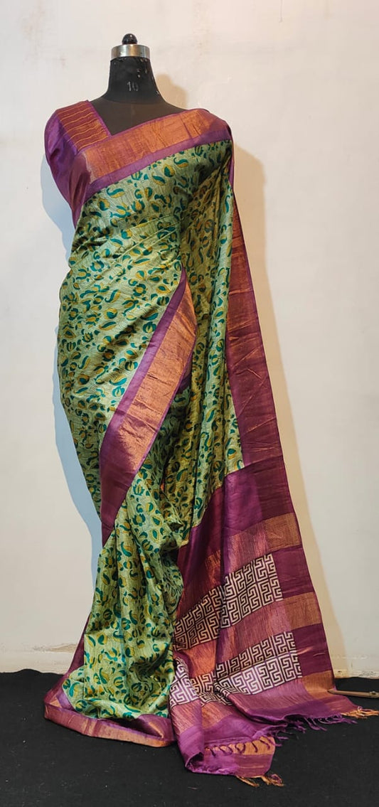 Green Silk Saree with Peacock Motifs and Purple Border