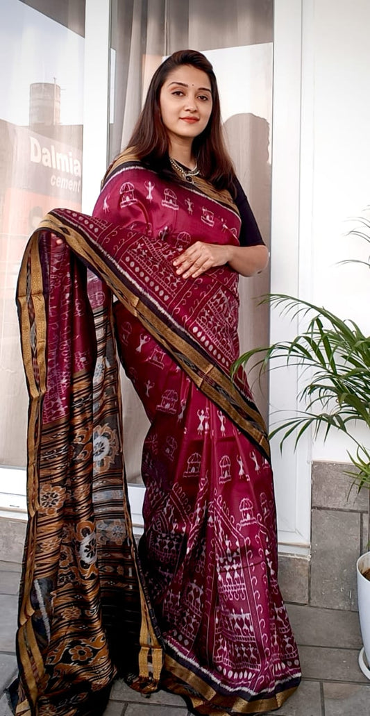 Jayant Sarees Maroon Tribal Ikat Patola Saree