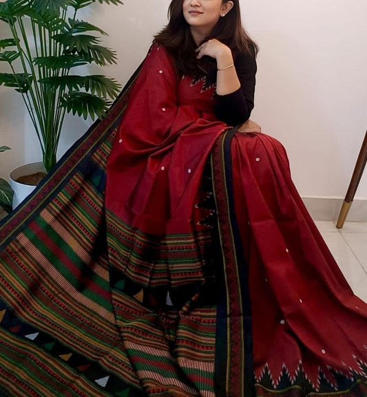 Maroon Tribal Border Cotton Saree – Jayanti Sarees