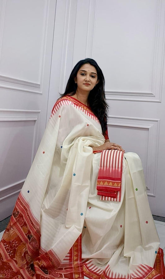 White and Red Polka Woven Saree – Jayanti Sarees