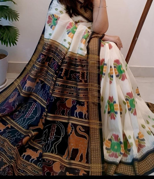 Handwoven Animal Motif Pattachitra Saree