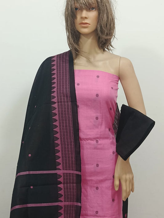 Pink Embroidered Cotton Suit Set with Black Woven Dupatta