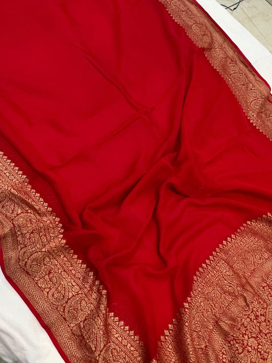 Royal Red Banarasi Khadi Georgette Saree with Antique Zari Border