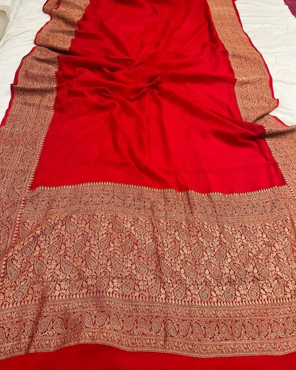 Royal Red Banarasi Khadi Georgette Saree with Antique Zari Border