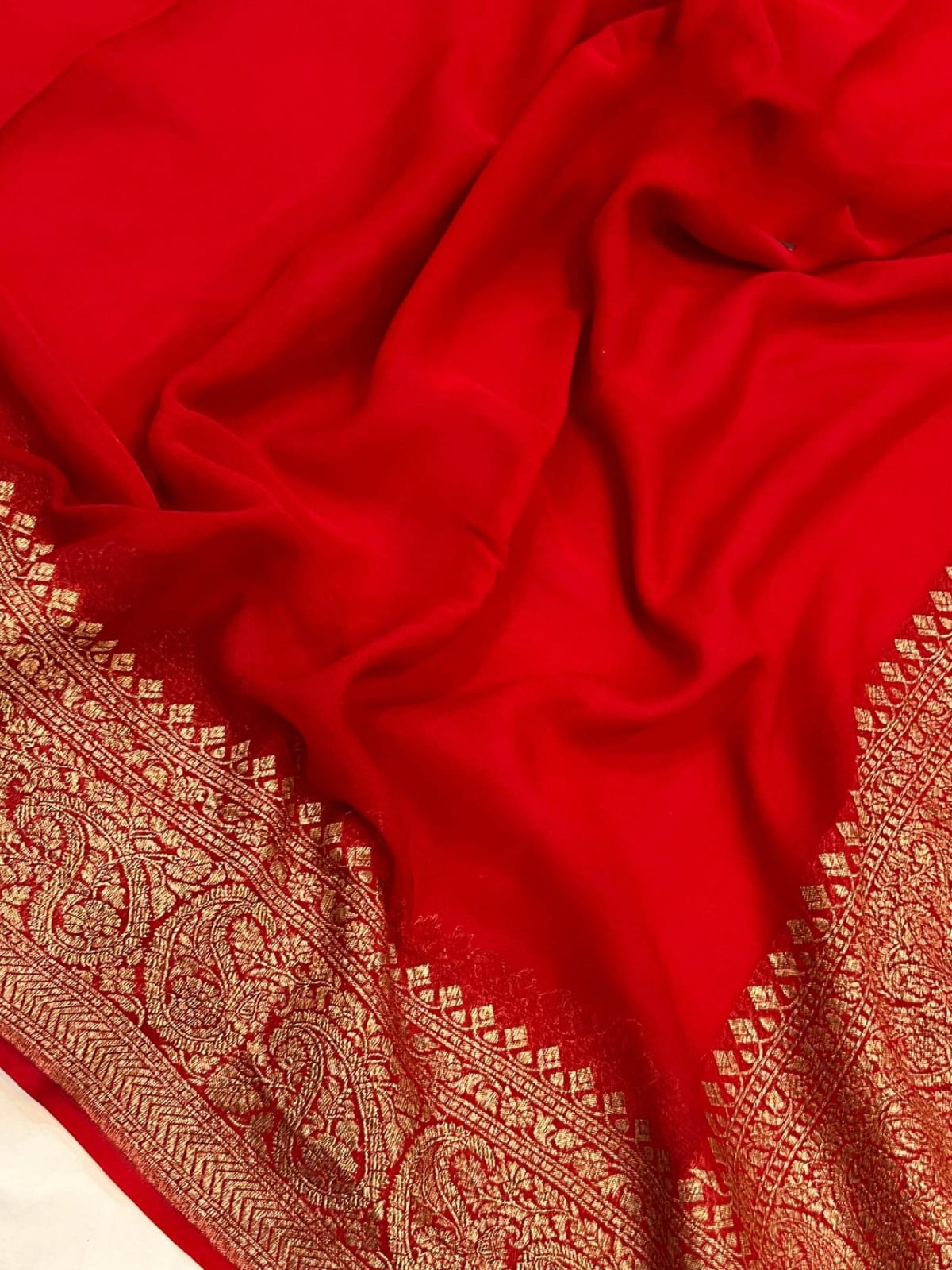 Royal Red Banarasi Khadi Georgette Saree with Antique Zari Border