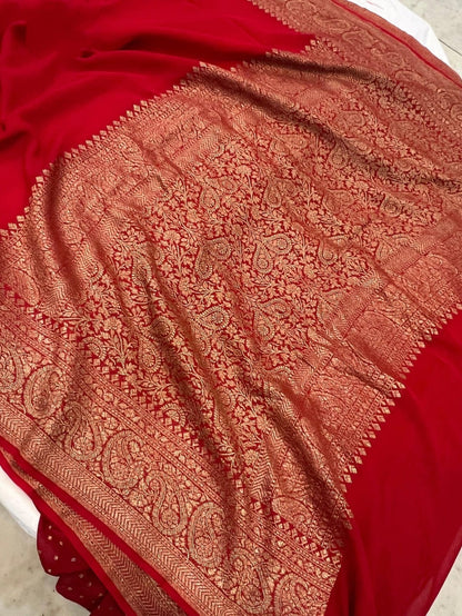 Royal Red Banarasi Khadi Georgette Saree with Antique Zari Border