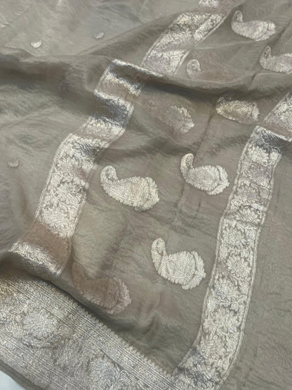 Beige Banarasi Khadi Tissue Chiffon Saree with Khadua Work (Handwoven)