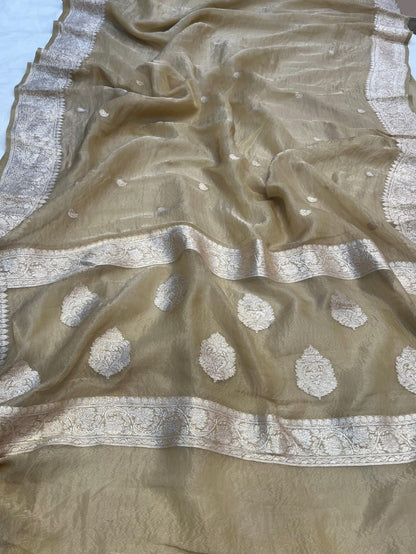 Beige Banarasi Khadi Tissue Chiffon Saree with Khadua Work (Handwoven)