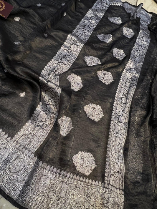 Beige Banarasi Khadi Tissue Chiffon Saree with Khadua Work (Handwoven)