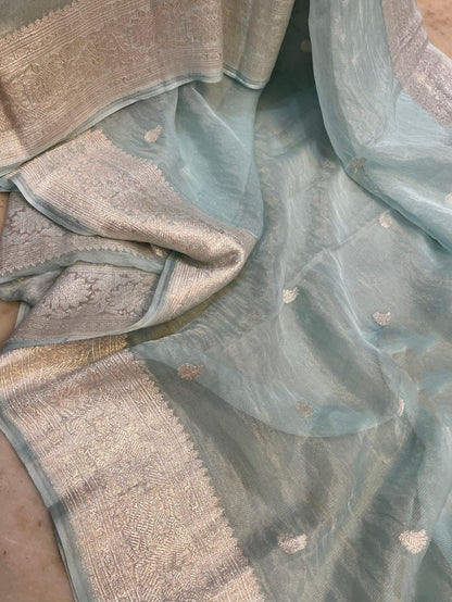 Beige Banarasi Khadi Tissue Chiffon Saree with Khadua Work (Handwoven)