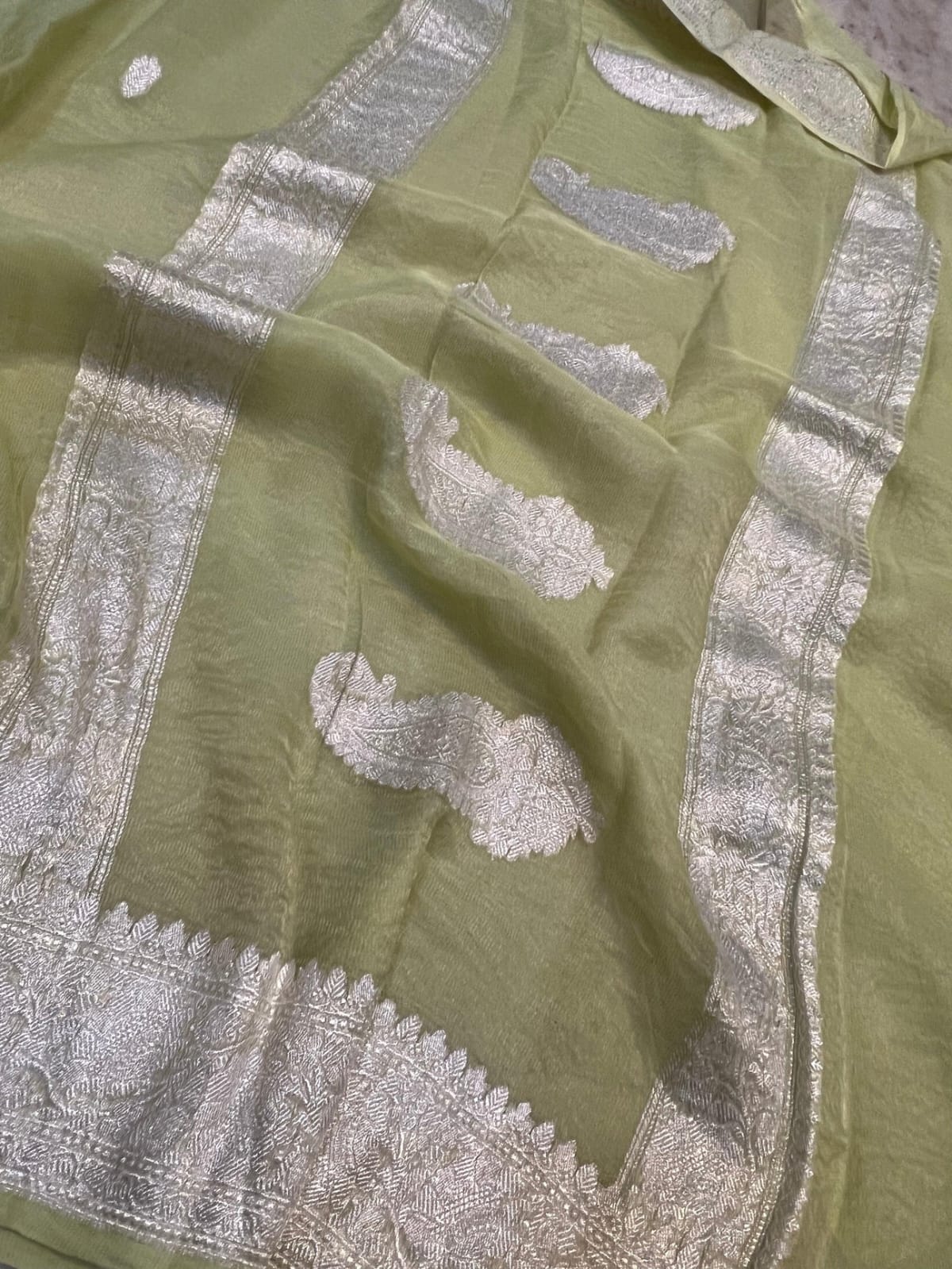 Beige Banarasi Khadi Tissue Chiffon Saree with Khadua Work (Handwoven)