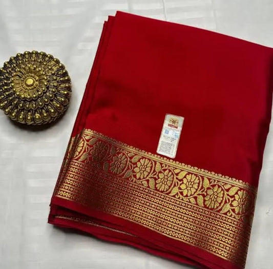 Red Saree with Golden Zari Floral Border