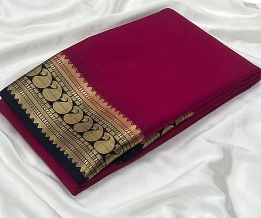 Rani Pink Saree with Black & Golden Zari Border