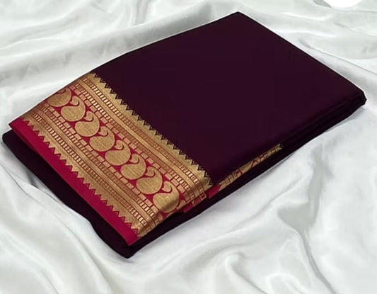 Plum Maroon Saree with Golden Zari Circular Motif Border