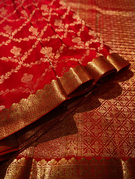 Red Banarasi Saree with Intricate Golden Zari Weaving