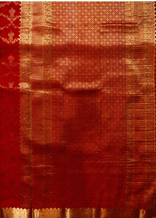 Red Banarasi Saree with Heavy Golden Zari Weaving