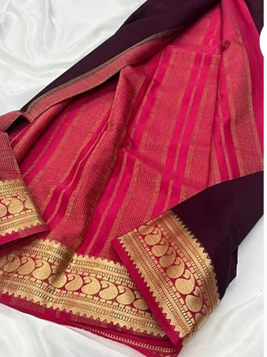 Pink Saree with Maroon & Golden Zari Border