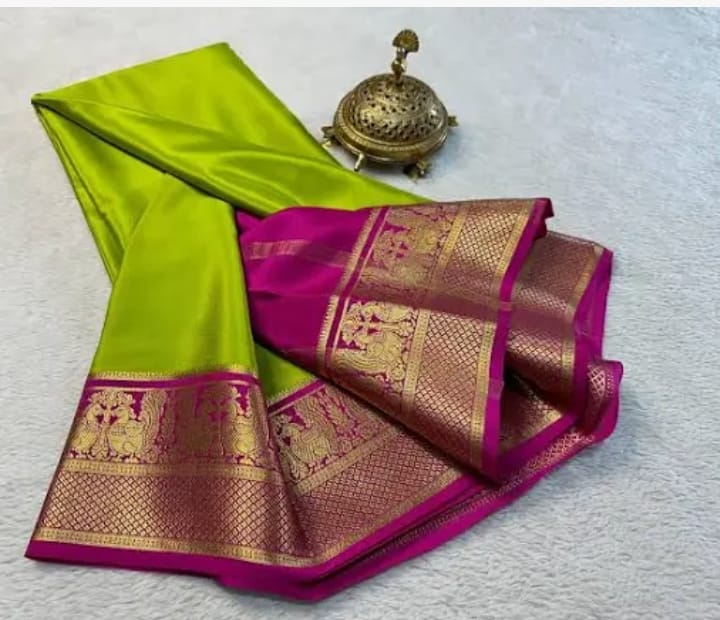 Parrot Green & Magenta Saree with Golden Zari Temple Border