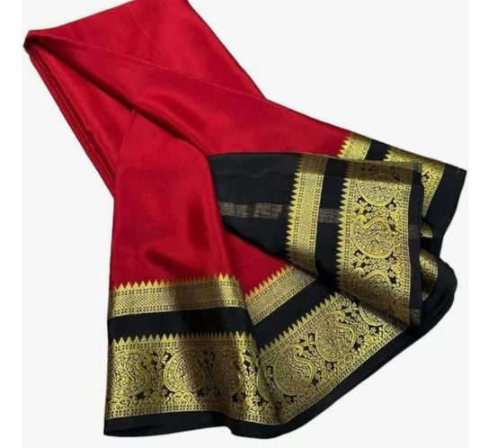 Red Saree with Black & Golden Zari Paisley Border