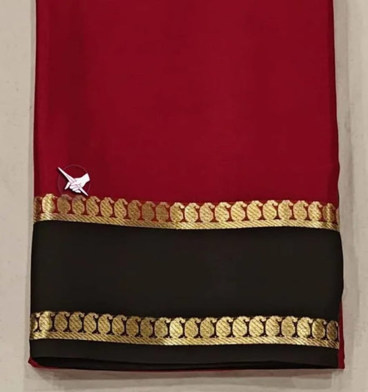 Red & Black Saree with Golden Zari Border