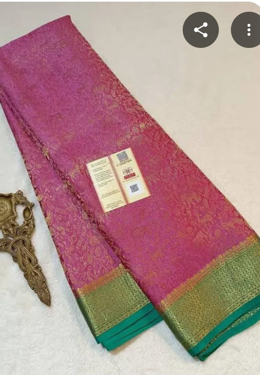 Pink Banarasi Saree with Green & Golden Zari Border
