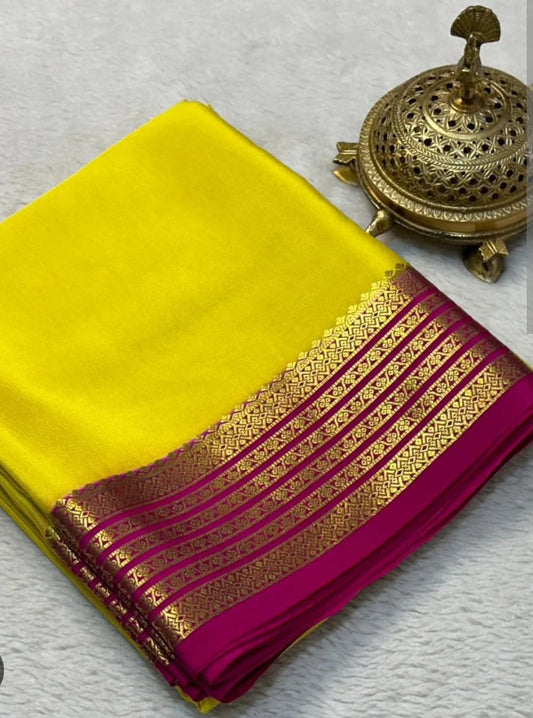 Yellow Saree with Magenta & Golden Zari Border