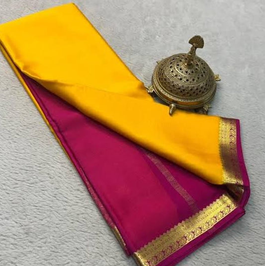Yellow & Magenta Saree with Golden Zari Border