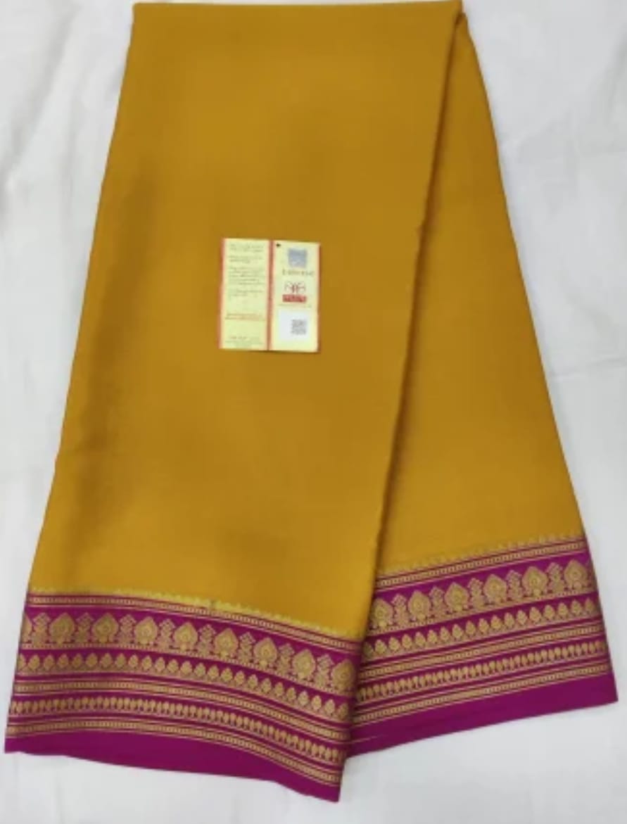 Mustard Yellow Saree with Magenta & Golden Zari Border
