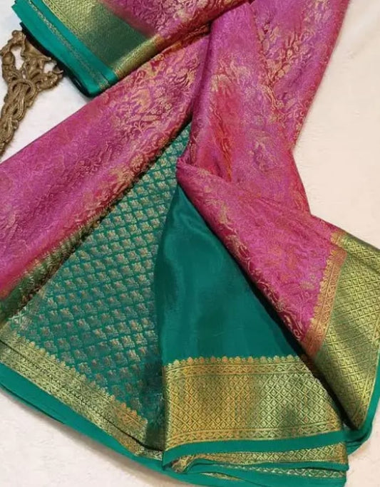 Pink & Green Banarasi Saree with Golden Zari Weaving