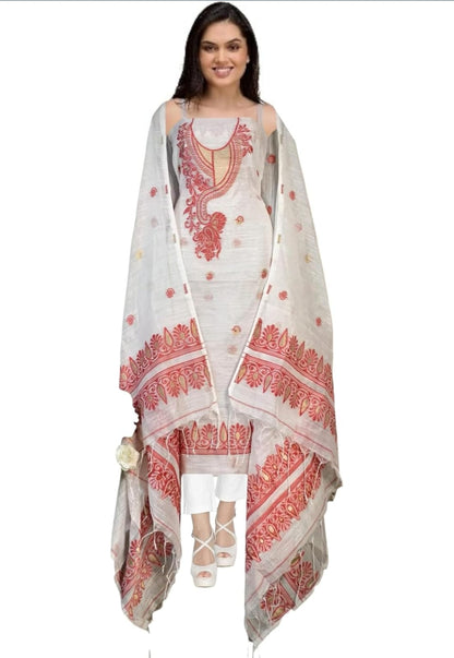 White & Red Embroidered Sleeveless Suit Set with Dupatta