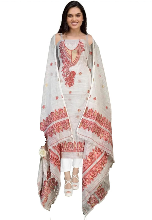 White & Red Embroidered Sleeveless Suit Set with Dupatta