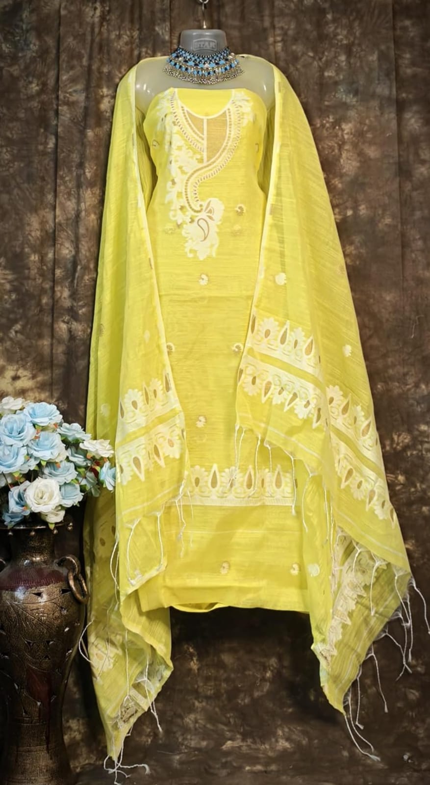 Yellow Embroidered Sleeveless Kurta Set with Dupatta