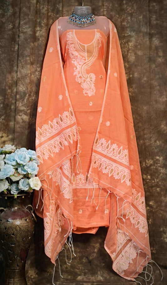 Peach & White Embroidered Churidar Set with Tassel Dupatta